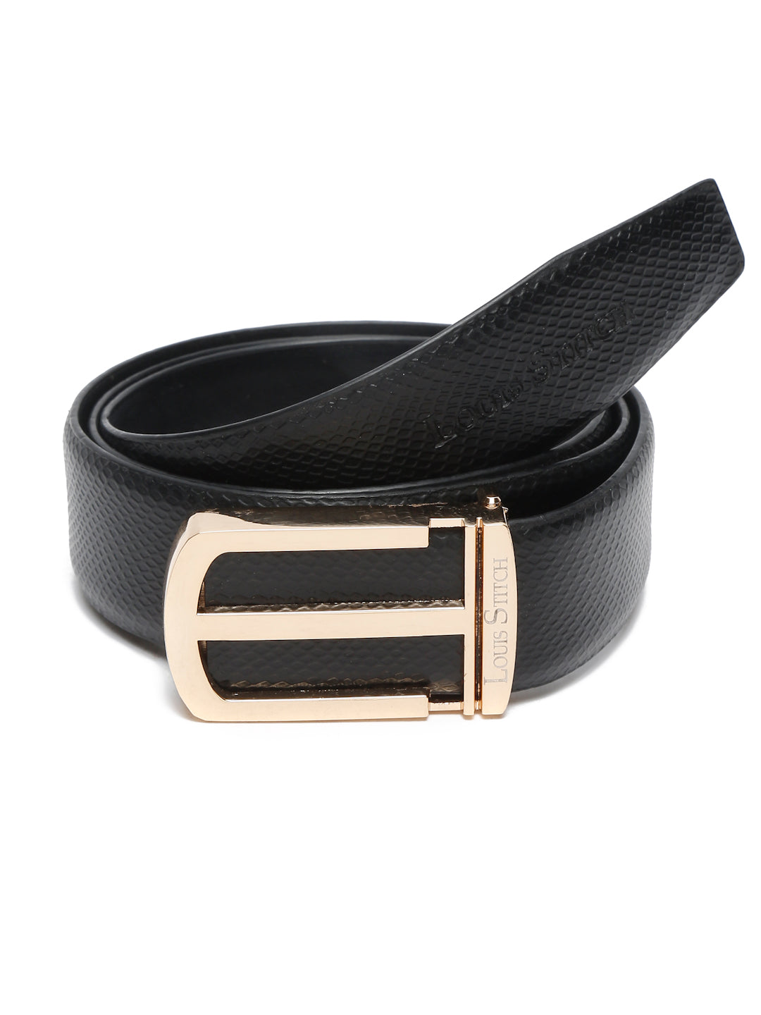 Black/Golden Men's Black Formal Italian Leather Textured Belt For Men