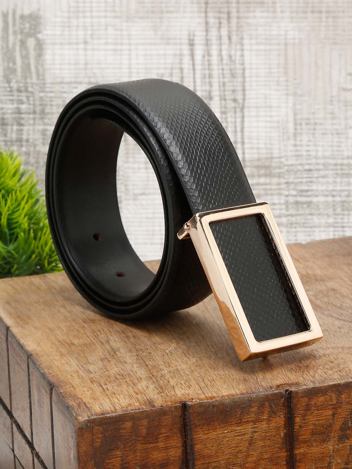 Black/Golden Men's Black Formal Italian Leather Textured Belt For Men