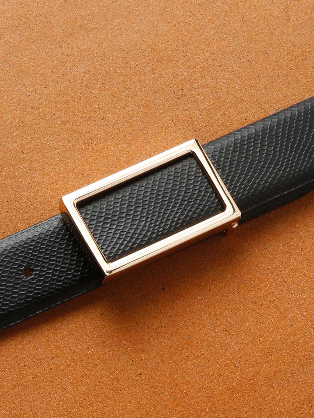 Black/Golden Men's Black Formal Italian Leather Textured Belt For Men