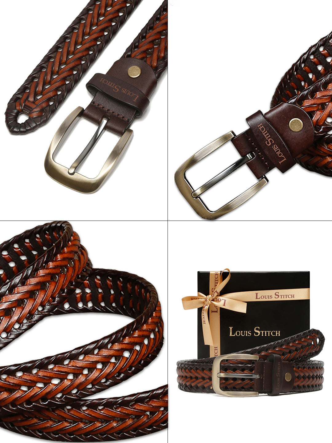 Men's Weaved Leather Belt Casual Belts for Men Spanish Leather Brass Buckle 1.5 Inch (35mm)