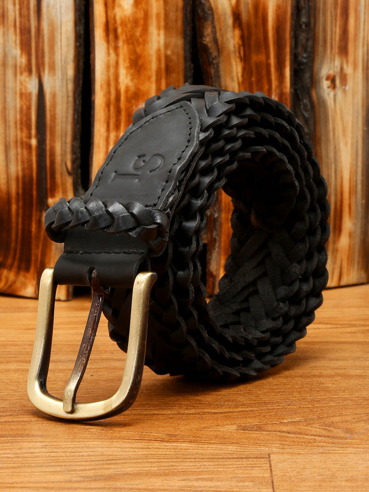 LOUIS STITCH Men's Jet Black Italian Leather Belt Premium Spanish Style  Weaved Casual Belts for Men