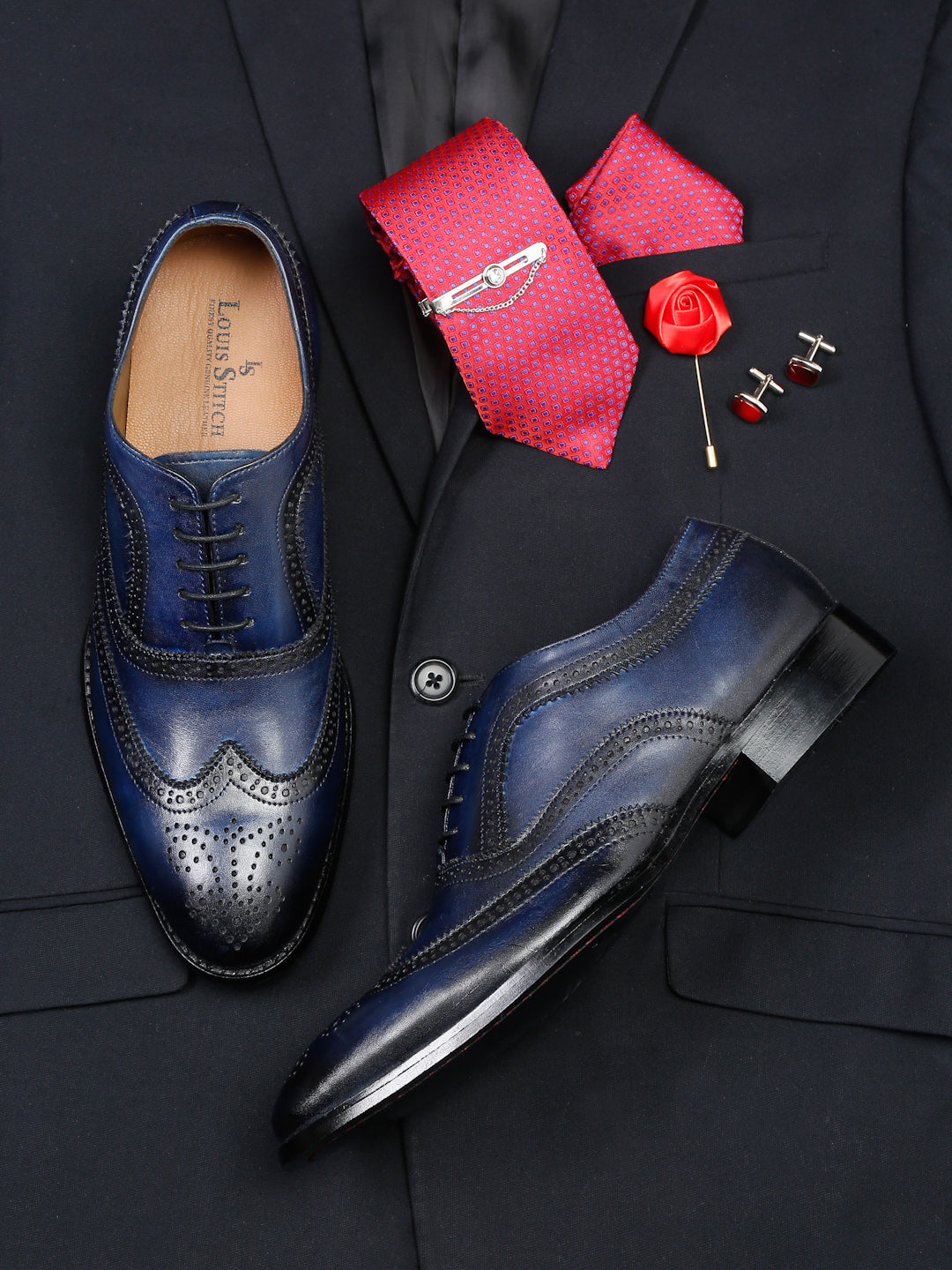 Blue Men's Premium Italian Leather Handcrafted Blue Brogue Shoes