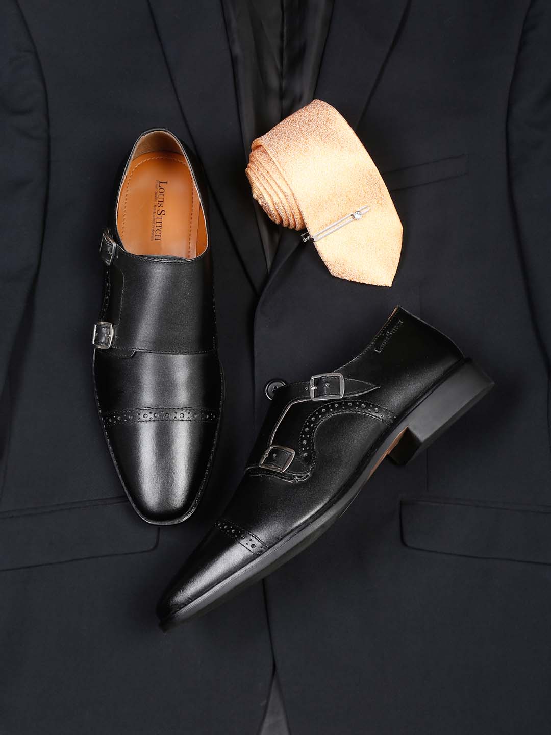 Italian Leather Double Monk Strap Jet Black Shoes for Men