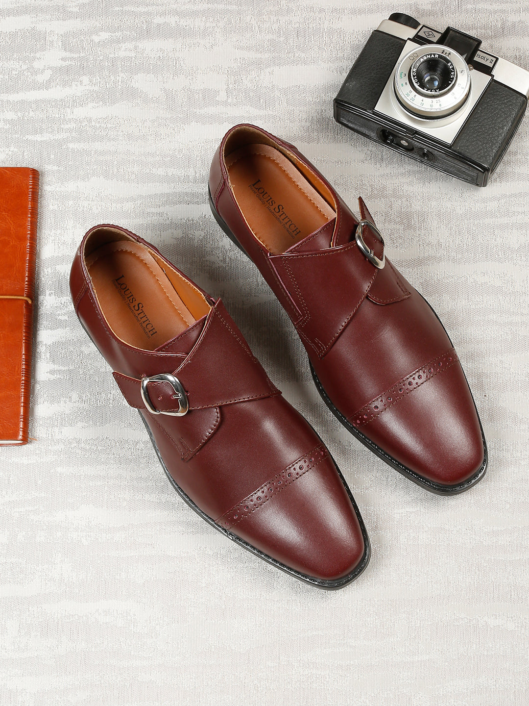 Italian Leather Single Monk Strap Rosewood Shoes for Men