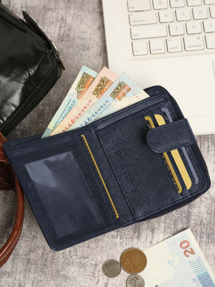  Denim Blue Italian Saffiano Leather Wallet RFID Zip Protection