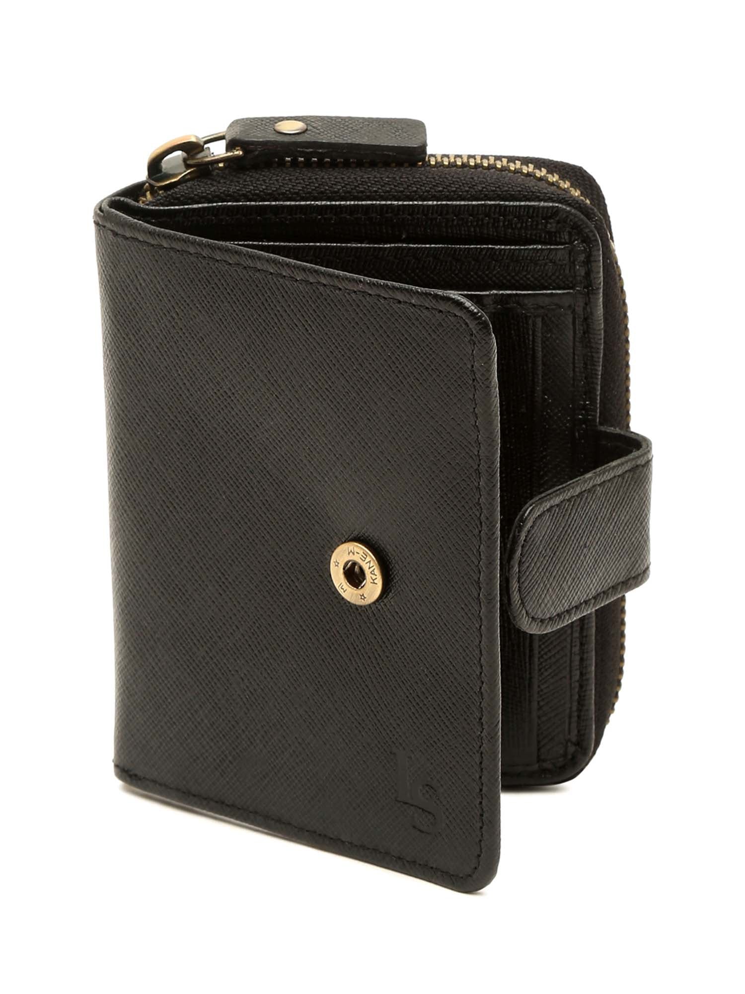 Jet Black Italian Saffiano Leather Wallet RFID Zip Protection