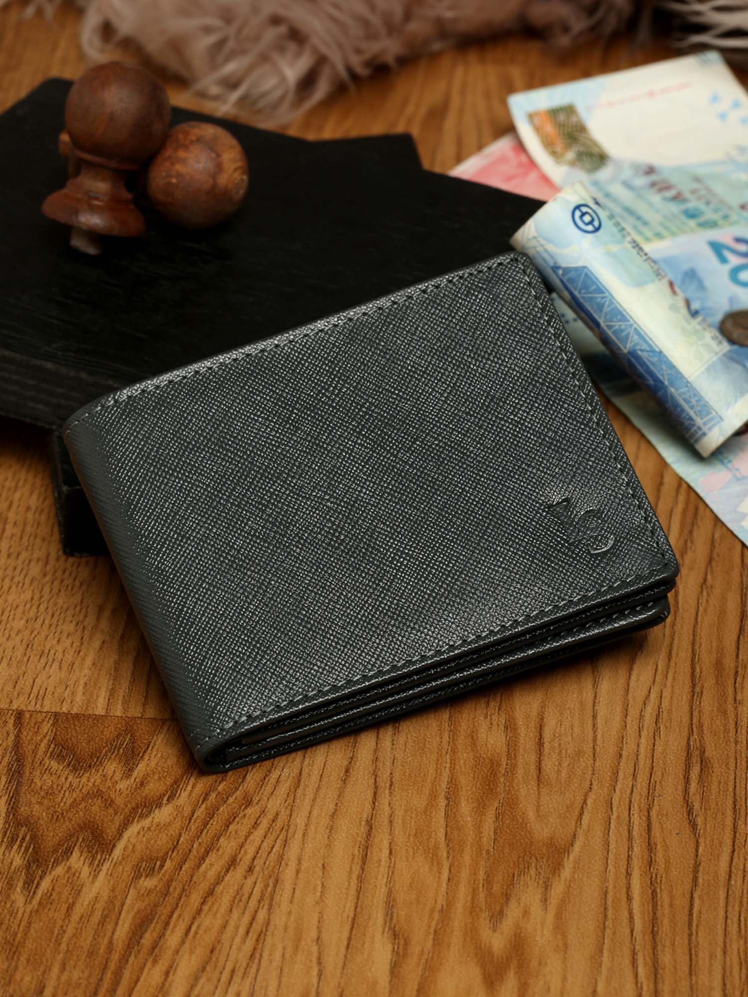 Ash Grey Italian Saffiano Leather RFID Slim Wallet