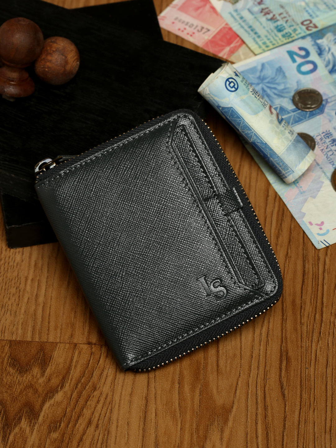 Ash Grey Italian Zipper Saffiano Leather Wallet