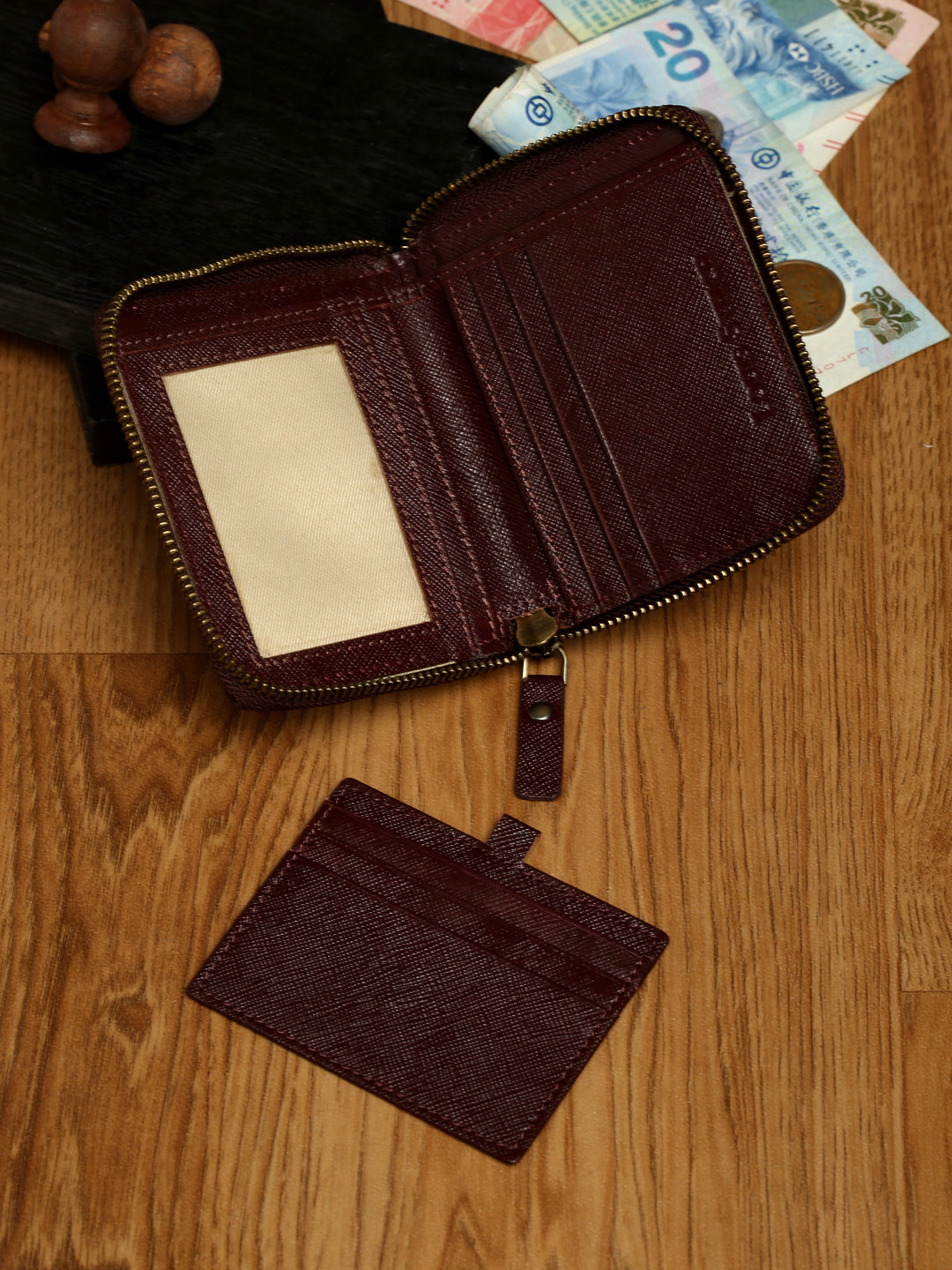  Rosewood Italian Zipper Saffiano Leather Wallet