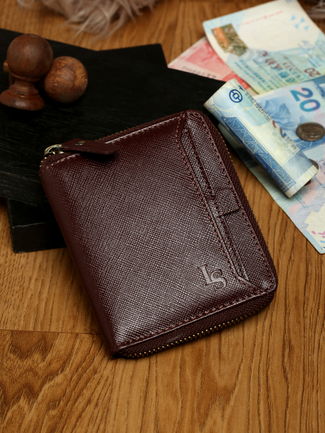 Rosewood Italian Zipper Saffiano Leather Wallet